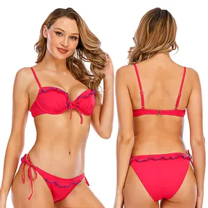 Bikini brasileño con volantes para mujer, traje de baño de dos piezas, Rojo