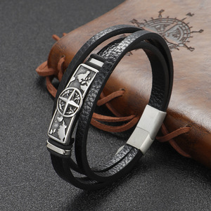 Bracelet en cuir multi-couches gravé sur mesure pour homme, bracelet en acier titane avec carte du monde <span class=keywords><strong>vintage</strong></span>, fermoir magnétique - Product Image 3