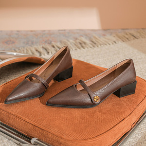 Chaussures Mary Jane à bout pointu, talon bloc, doublure en cuir, couleur unie, décoration florale, escarpins pour femmes, talon moyen 3cm 5cm - Product Image 1
