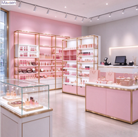Vitrine de présentation de maquillage et cosmétiques éco-responsable avec éclairage LED et cadre doré, personnalisable pour la vente au détail