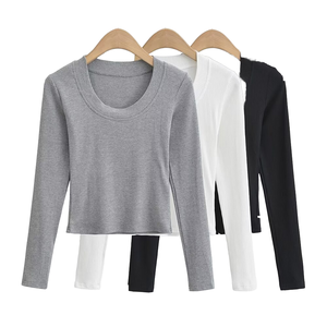 T-shirt Chic Décontracté Vintage d'Été pour Femme, Haut Tricoté Uni à Col U, Manches Longues, Coupe Ajustée, Respirant, Court - Product Image 1