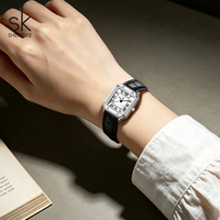 Montre pour femme SK Fashion en cuir noir et acier inoxydable, cadran carré à quartz, prête à être expédiée