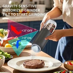 2 Pack Plastic Gravity Electric Salt <b>Pepper</b> <b>Grinder</b> Set Automatic Battery Powered Mill Adjustable Coarseness One Hand Operated - Product Image 3