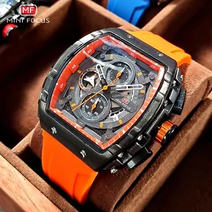 MINI FOCUS 0399 Quartz Watches For Men Tonneau Dial Sport Wristwatch With Orange Silicone Strap Auto Date Chronograph