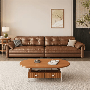 Canapé en <span class=keywords><strong>cuir</strong></span> marron de style vintage 4 places avec accoudoirs roulés et capitonnage <span class=keywords><strong>pour</strong></span> grand salon - Product Image 4