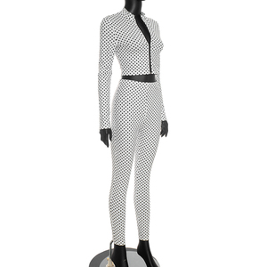 Viviblook J26ST314 Women Outfits Long Sleeved Zipper Cardigan Crop Top Tight Pants Polka Dot Print Two <b>Piece</b> <b>Set</b> - Product Image 3