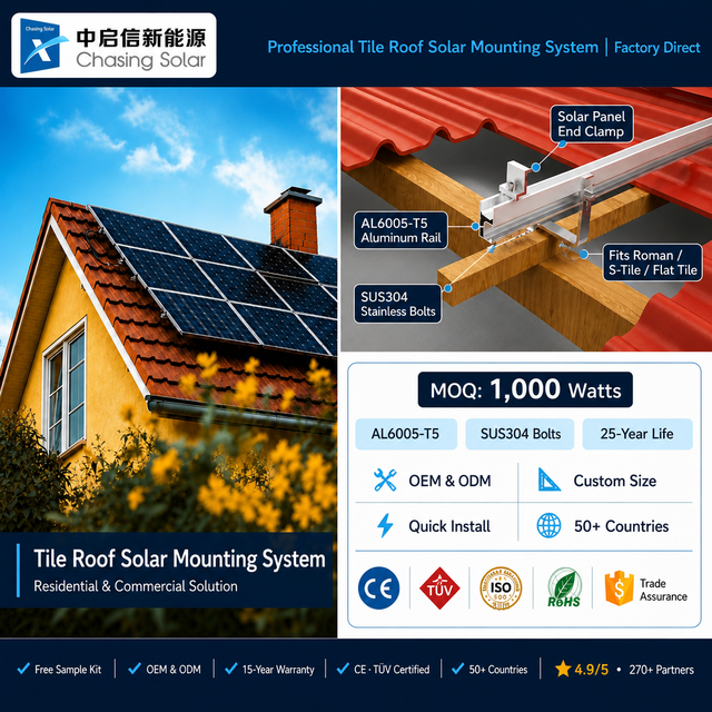 Anodized Aluminum Solar Panel Mounting System Manufacturer for Tile Roof Pitched Roof Asphalt Shingle Roof with Flashing Kit