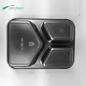 Custom Disposable Black Rectangular 3-Compartment Cpet Plastic Food Container High Barrier Aviation Takeaway Lunch Box