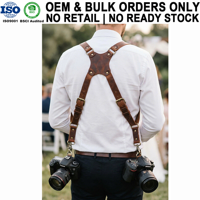 Manufacturer OEM Custom Wedding Photography Real Leather  Durable Double Shoulder Strap DSLR Camera Harness for Photographer