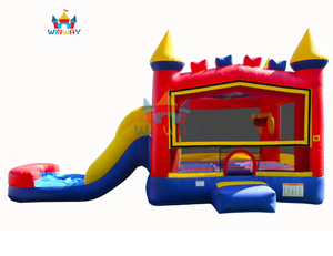 Château gonflable rouge et bleu avec toboggan et panier de basket - Château gonflable pour enfants pour les fêtes en plein air et les jeux dans la cour - Product Image 1