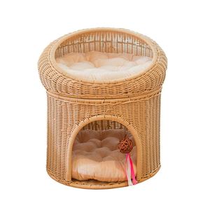 Maison pour chat en rotin tressé à double étage, lit-caverne pour chat à deux niveaux, jouet suspendu, décoration, abri de sommeil pour animaux de compagnie d'intérieur - Product Image 5