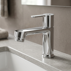 Robinet de lavabo S&R en chrome, monocommande, à poser sur le comptoir, design minimaliste, anti-corrosion, pour salle de bain - Product Image 2