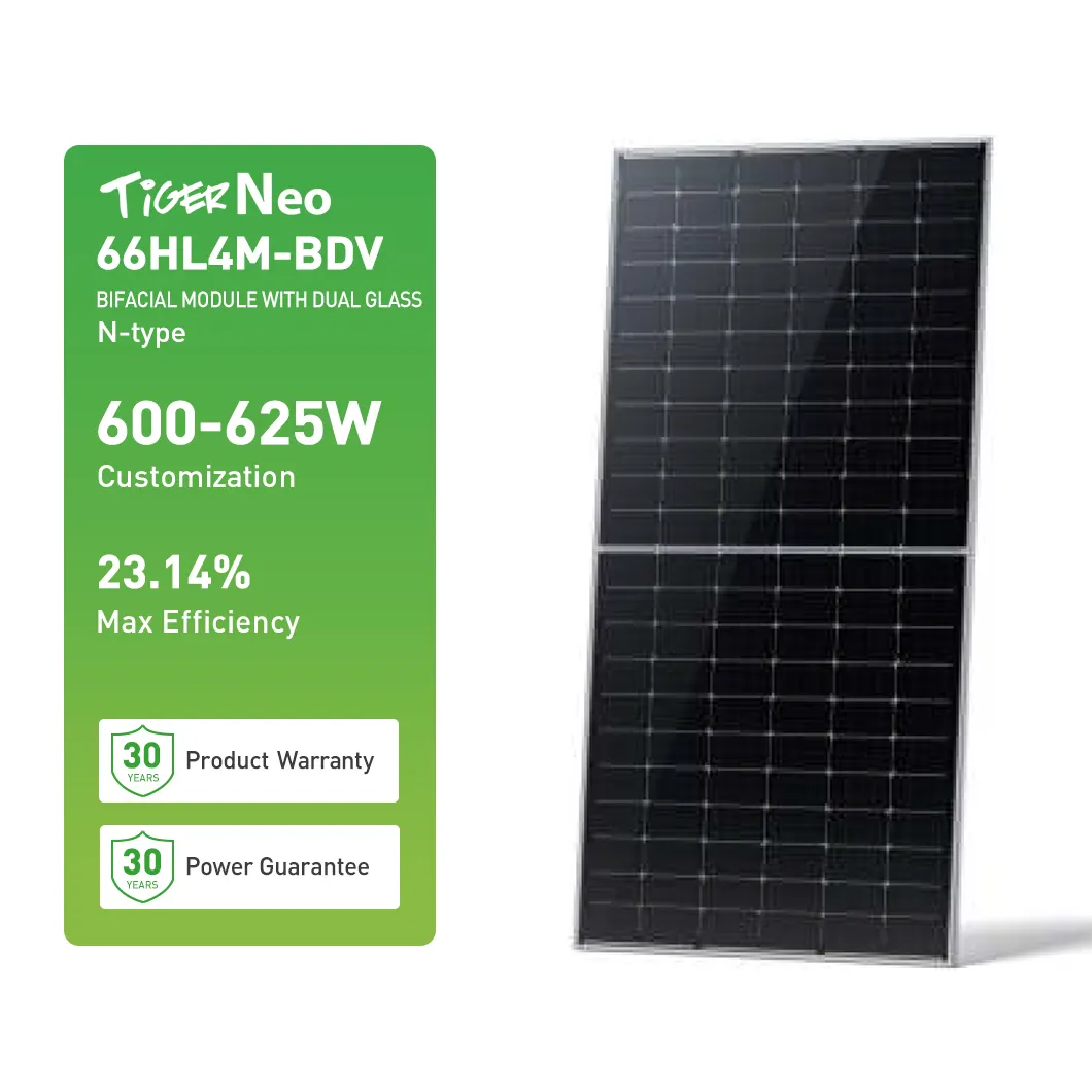 Prix des panneaux solaires Jinko Tiger Neo de type N 600W 620W 625W 630W Panneau solaire bifacial monocristallin de 610 watts