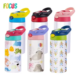 USA RTS 12oz Colorful Flip Top Lid Kids Water Bottle Glossy White Straight Tumbler Sublimation Blanks 350ml Children Travel Mug
