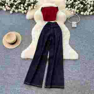 Ensembles Y2K d'été pour femmes : Haut bustier sans manches et ensemble en jean taille haute avec lettres, survêtements de jogging – Vente en gros - Product Image 4