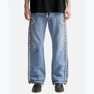 جينز دراجات نارية مستقيم بتصميم عتيق أنيق للرجال، 100% قطن، مريح، ارتفاع متوسط، غسيل متوسط، لون موحد، يرفع المؤخرة - Product Image 1