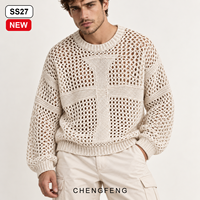 Pull d'été pour homme en maille ajourée crochetée beige, col rond, manches longues, style streetwear, vente en gros