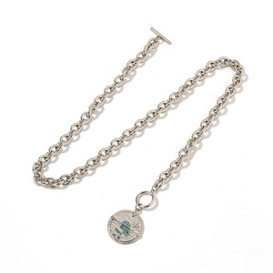 Collier en acier inoxydable, chaîne cubaine, plaque ronde, zircon bleu, fermoir OT, couleur argent, pendentif tendance - Product Image 4