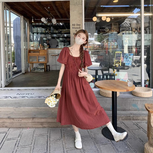 French Style Square Neck <b>Dress</b> <b>Elastic</b> Waist Solid Color Blue Burgundy Long Casual <b>Dress</b> Daily Wear - Product Image 3