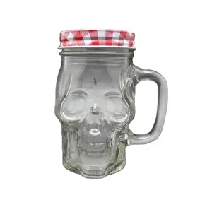 290ml Skull head shaped glass mason jars with handle and metal cap for canning