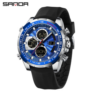 Montre à quartz pour homme SANDA 5105, vente chaude, grand cadran, double affichage, lumineuse, décontractée, sportive, pour étudiants, avec bracelet en silicone - Product Image 1