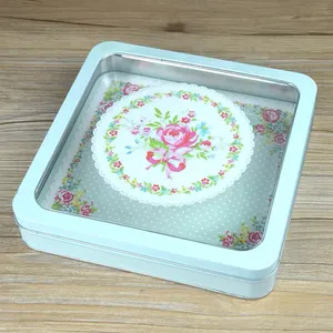 Fancy Square Biscuit Container Cookies Tin Box with Window