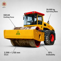 Apisonadora de Gran Tonelaje de 39 Toneladas, Fuerza de Excitación de 930KN y Potencia de 280KW, Adecuada para la Compactación de Subterrenos de Alto Relleno