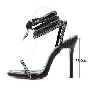 2025 estate <span class=keywords><strong>tacchi</strong></span> a spillo tacco alto scarpe stringate da donna strass intrecciato nuovi sandali piatti con tacco spesso - Product Image 4