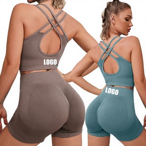 Seamless Ribbed Solid Yoga Set Women <b>2</b> Piece Crop <b>Top</b> High Waist Shorts Crisscross Back Butt Scrunch Fitness Workout Gear - Product Image 2