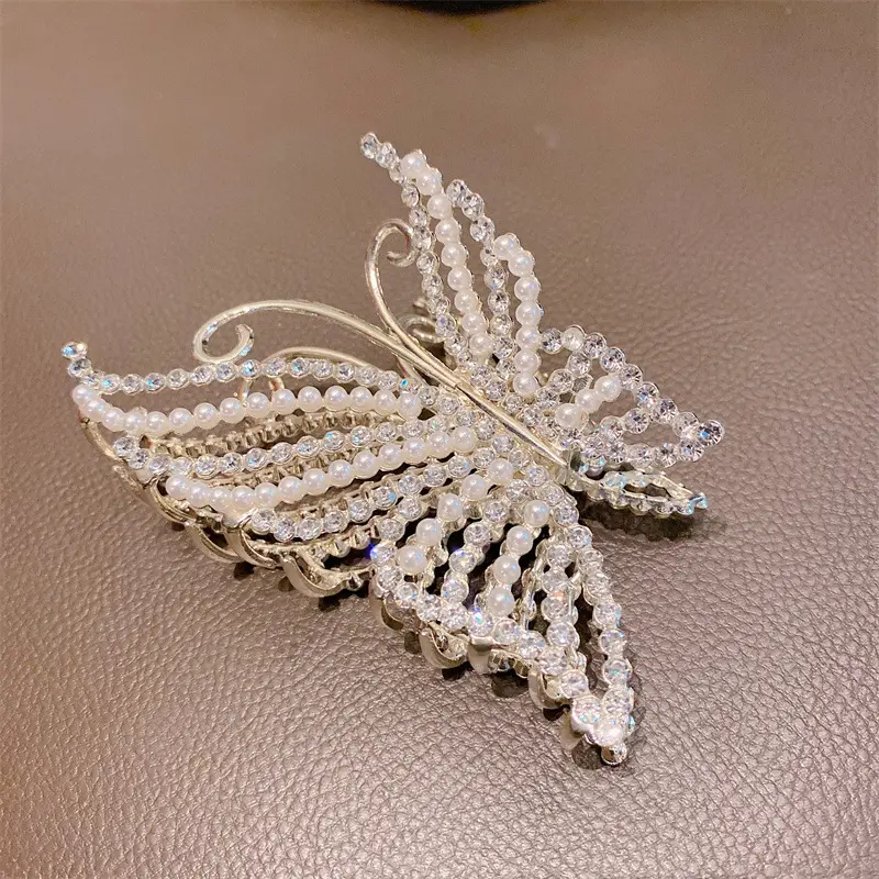 Glittering 11cm Large Size Full Rhinestone Stone Butterfly Hair Claw Clips Imitation Pearl Hollow Butterfly Hair Claws