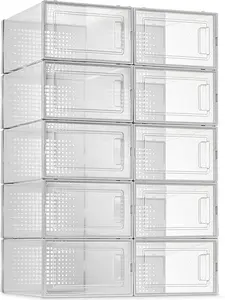 12 Pack Shoe Storage Box Clear Plastic Stackable Shoe Organizer For Closet Space Saving Foldable Shoe Sneaker Containers Bins