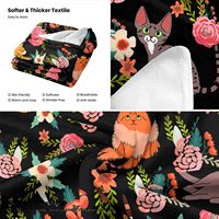 Selimut Flanel Motif Bunga Kucing Lucu Latar Belakang Hitam Pola Anak Kucing Berbunga Warna-warni Selimut Lembut Ringan Hadiah Dekorasi