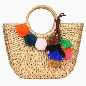 Natural Straw Handmade Bucket Bags Makeup Bag Custom Corn Husk Hand Woven Black Clutch Purse Bolso Beach Rattan Round Goat