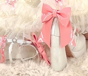 Chaussures Mary Jane noires et roses style Sweet Lolita, plateforme, talon bloc, talons hauts avec boucle en strass et nœud - Product Image 1