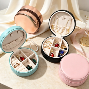 Round Zipper Jewelry <b>Box</b> Portable PU <b>Leather</b> Travel <b>Jewellery</b> Organizer for Earrings Rings Necklaces Multiple Colors Available - Product Image 5