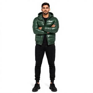 Veste à capuche verte pour homme, coupe-vent, rembourrage en polyester, fermeture éclair, vêtements d'hiver décontractés, coupe ajustée - Product Image 1