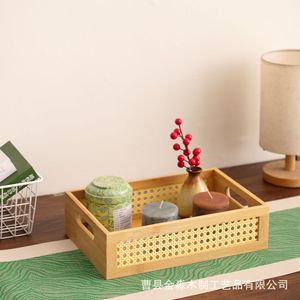 Rectangular Solid Wood <b>Storage</b> <b>Basket</b> With Rattan Openwork Design For Entryway Or Miscellaneous Items With Handles - Product Image 3