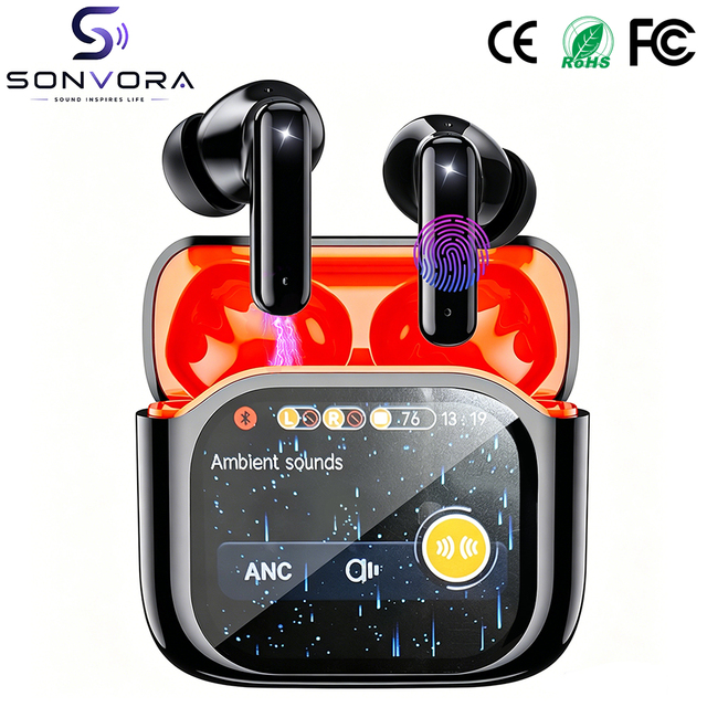 JM19 Active Noise Cancelling Wireless Earphones with Smart Color Touchscreen Controls, Suitable for Office / Travel / Sports
