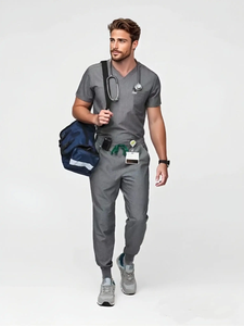 Set uniforme da uomo medico blu Navy con scollo a V in ospedale - Product Image 4