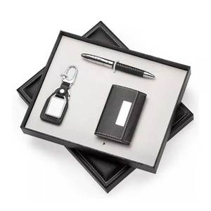 Leather Pen Gift Set Gloss Black Gold Trim Pen with Card Holder Keychain Elegant Gift Box