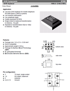 Nouveau Duplexeur SAW EPCOS Original SMD2520 9 broches 1950 MHz 2140 MHz B7695 B39212-B7695-P810-S03 Bande WCDMA I (UMTS) Tolérance 0,5 % - Product Image 4