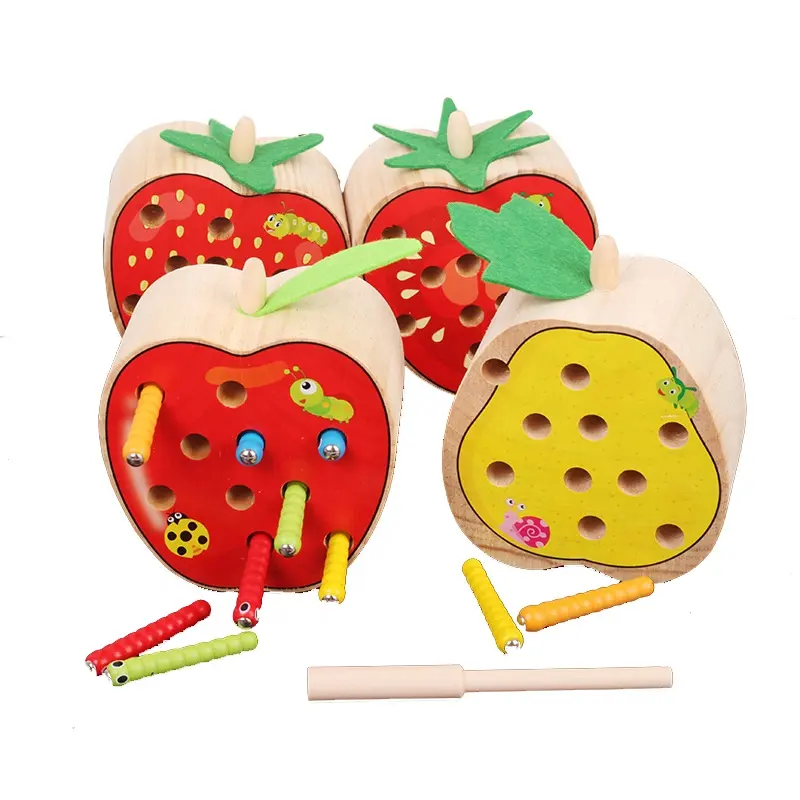 Wooden Magnetic Catch Insects Fruit Fishing Game Toy Children Montessori Educational Toys for Kids