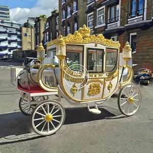 2024 Chariot de cheval royal doré de luxe OEM Chariot électrique sans cheval 6 passagers Vis-a-vis Wagonette