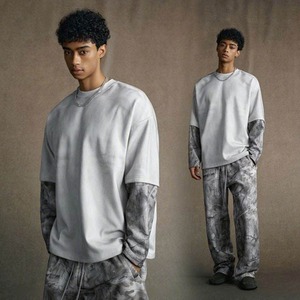 T-shirt a manica lunga mimetica a doppio strato di alta qualità con stampa Logo personalizzata t-shirt Unisex da uomo pesante con tasca - Product Image 3