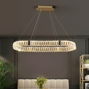 Lustres de luxe pour salon à LED avec anneau en cristal et pendentif en verre doré avec télécommande - Product Image 4