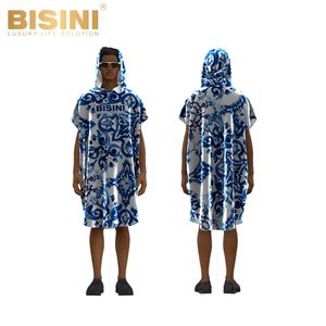 Peignoir de plage à séchage rapide pour femme avec logo personnalisé, motif en porcelaine bleu et blanc, à capuche, 2 en 1, absorbant, pour commande en gros - Product Image 3