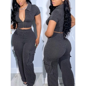 Zipper Top Multi Pocket Trousers Casual Solid Color Women's Casual 2 Piece <b>Set</b> Fashion - Product Image 3