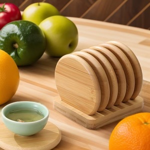 Juego de Posavasos Redondos de Bambú Natural con Soporte de Almacenamiento, Aislantes del Calor, Antideslizantes, para Tazas de Té, Uso Doméstico - Product Image 1