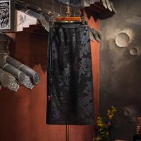 Jupe longue trapèze rétro en soie Xiangyun noire de style chinois traditionnel pour femme, jupe mi-longue pour femme 5662