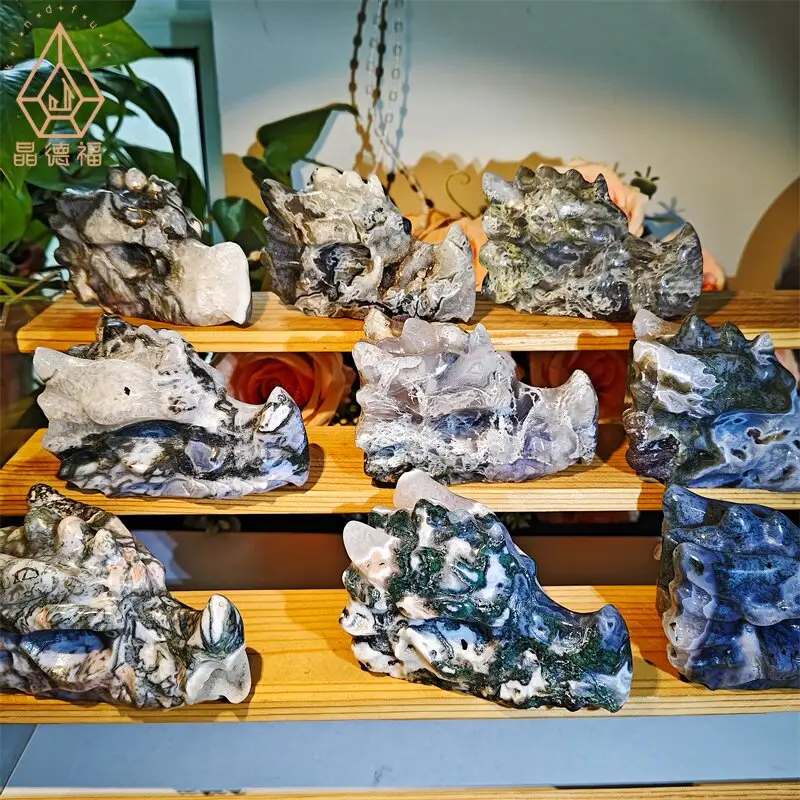 Cráneos de dragón de ágata musgo natural Piedras curativas de cristal de 3 pulgadas Deseo de animales tallados a mano para regalo